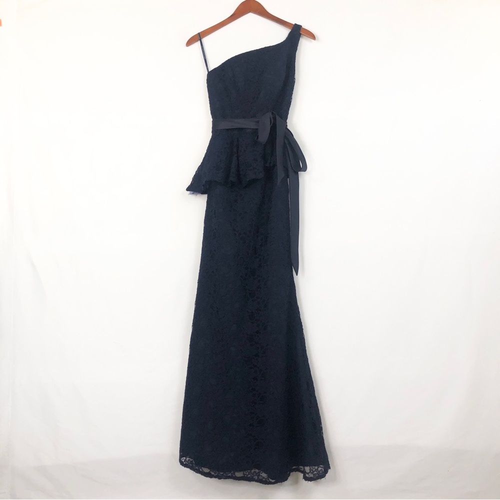 Mori Lee Maxi One Shoulder‎ Dress Tie Empire Waist Navy Blue Size 8 Wedding